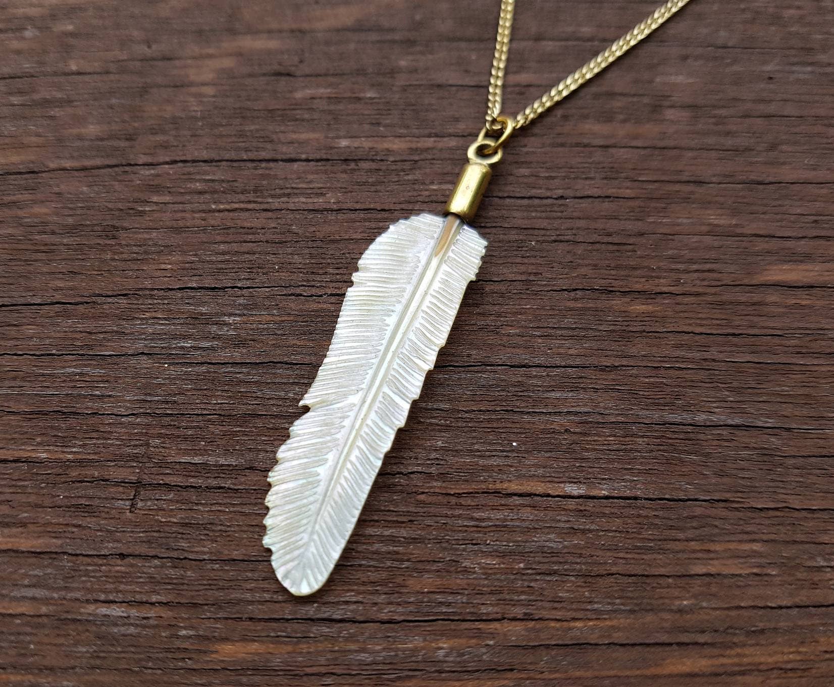 Feather - Super Mini Golden Pearl Flight Feather Necklace with Brass