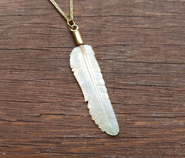 Feather - Super Mini Golden Pearl Flight Feather Necklace with Brass