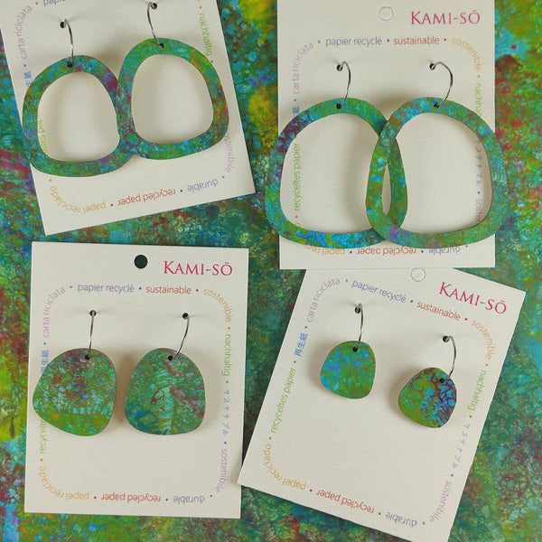 Earrings - Kami-So - Square Recycled Paper Earrings - Green Multicolour KSGM