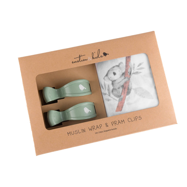 Gift Set - Koala Muslin Wrap & Sage Pram Clips Set GSK