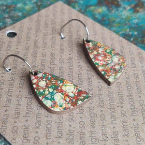 Earrings - Kami-So -  Mini Recycled Paper Earrings - Dark Green & Orange Speckle KDG