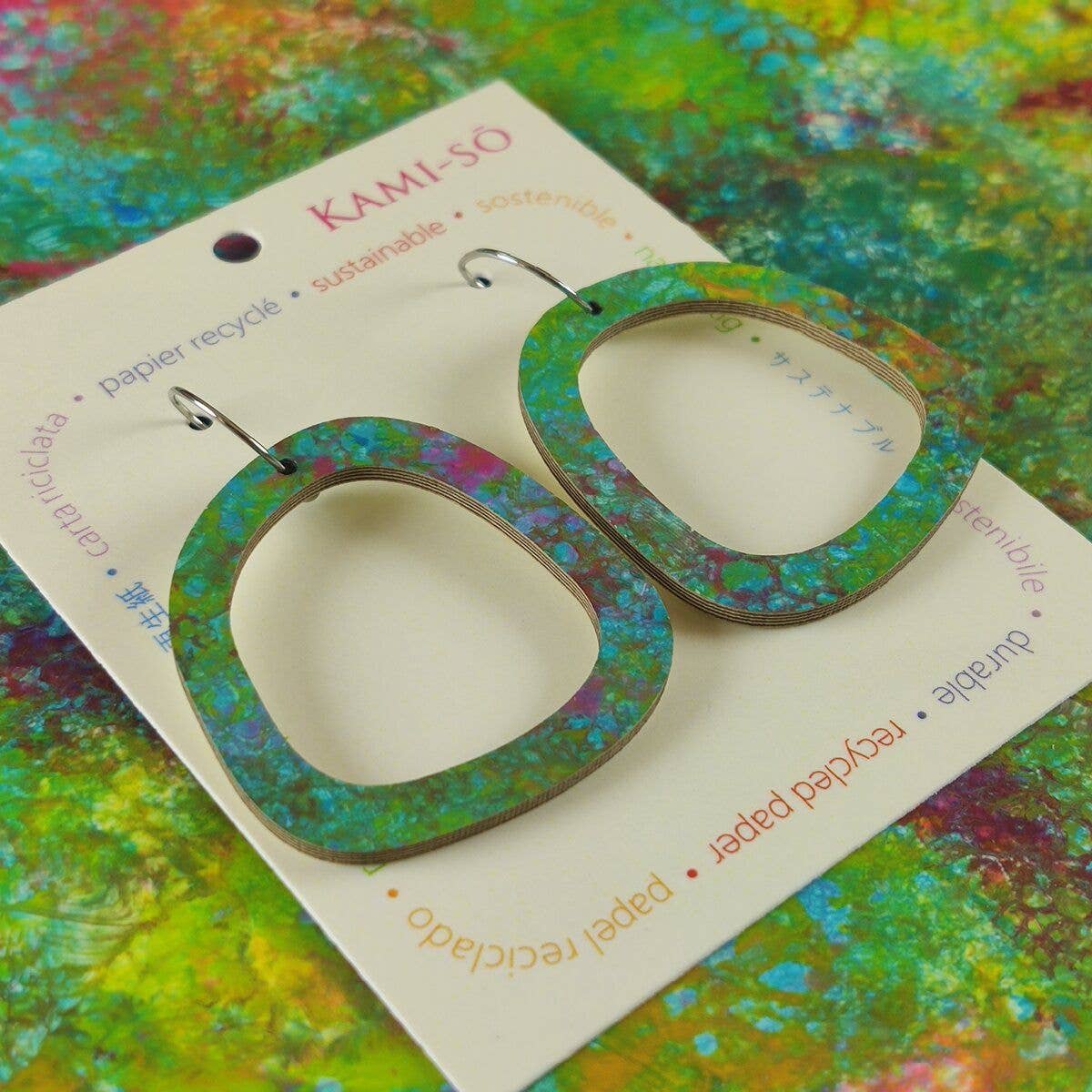 Earrings - Kami-So - Square Recycled Paper Earrings - Green Multicolour KSGM